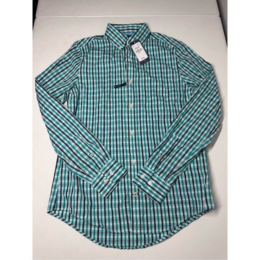 NWT Tommy Hilfiger Shirt Men's Sz XS Navy Green Cotton 1 Pocket Long Sleeve